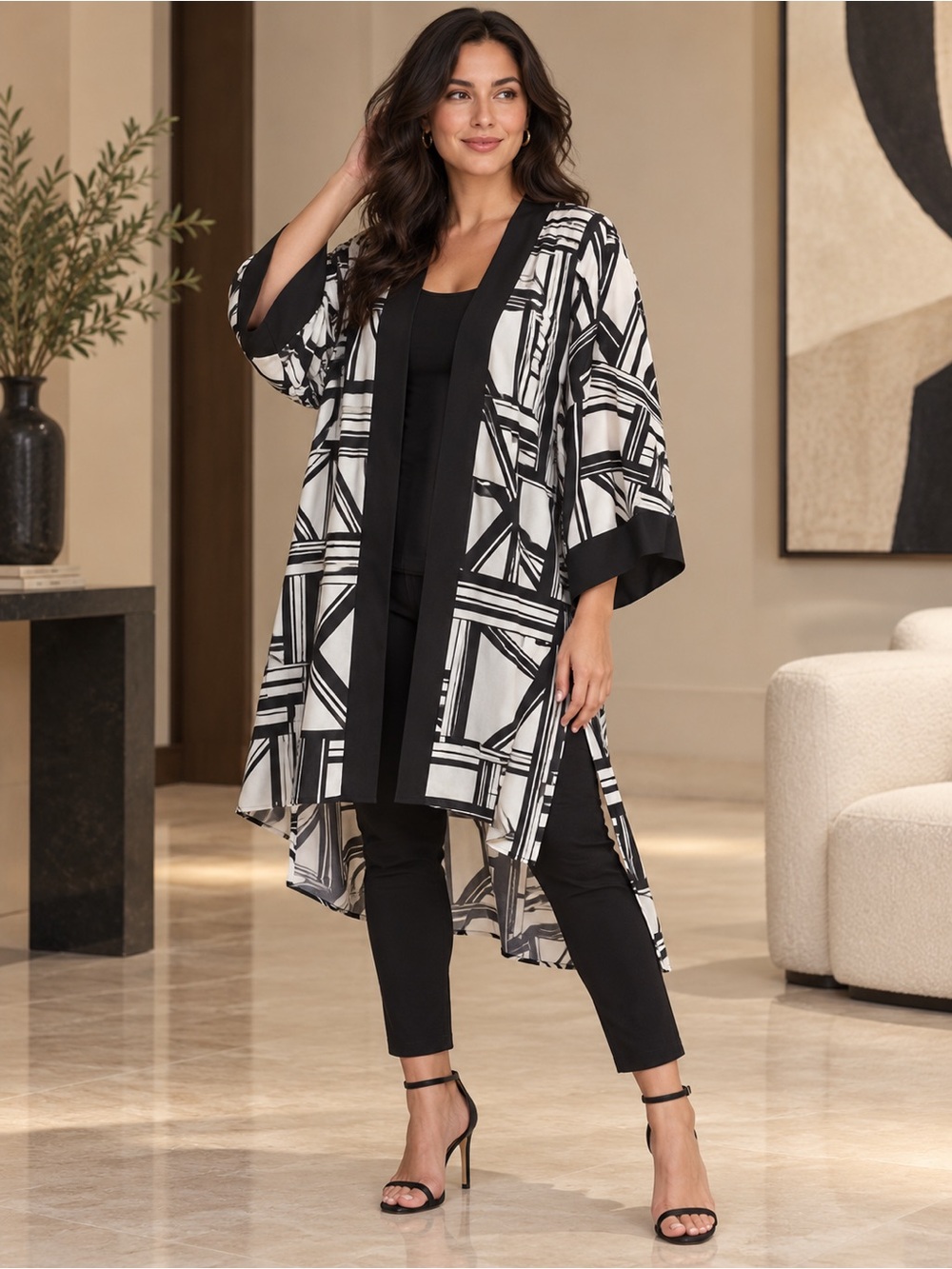 Karl Lagerfeld Paris XL Black White Geometric Kimono Duster Tunic Cardigan